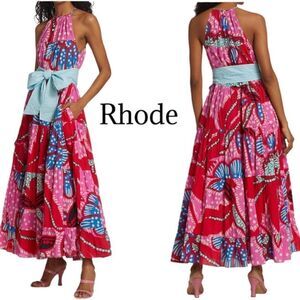 RHODE JULIA DRESS - RED PSYCHEDELIC FLOWER Halter Top Maxi Dress Sz XS NWOT